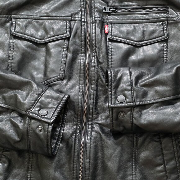 Levi's Trucker Jacket Men L Black Faux Leather LS Hooded Pockets Western Grunge - Picture 9 of 16